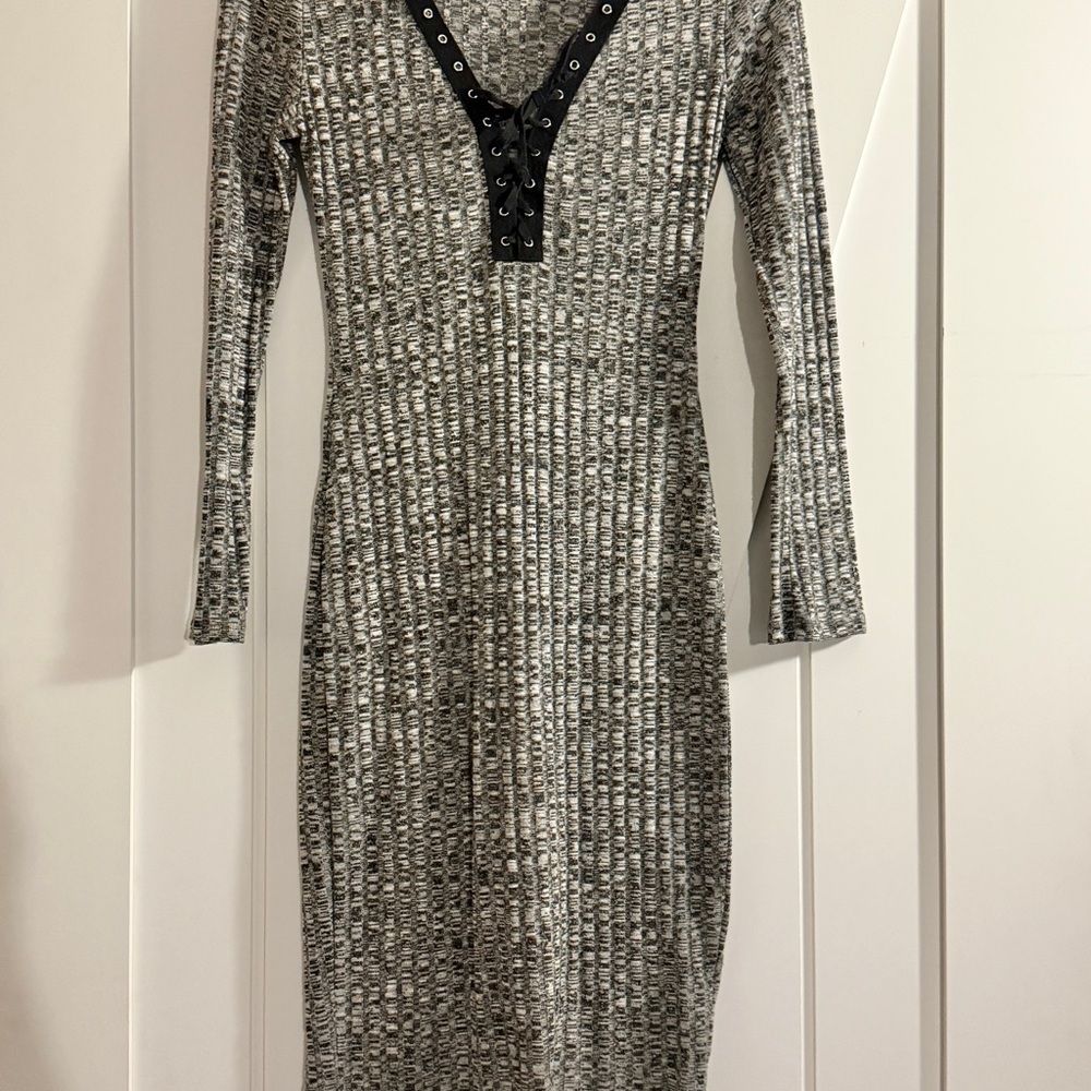 Gray Long Sleeve Lace-Up Dress